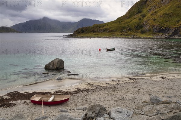 Boats at Haukland Strand, Vestvagoy, Lofoten, Nordland, Norway, Europe