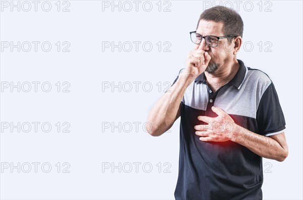 Elderly man with bronchitis coughing isolated. Old man in glasses suffering from cough isolated