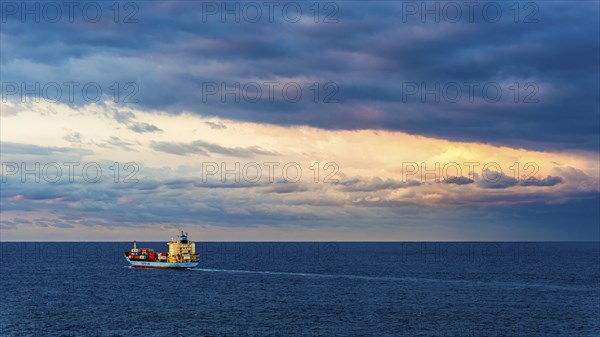 Maersk Line Container Ship on sea at sunrise, Barcelona, Spain, Europe