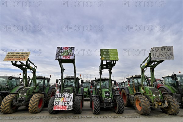 Farmers' protest, protest posters on tractors, tractors, Stuttgart, Baden-Württemberg, Germany,