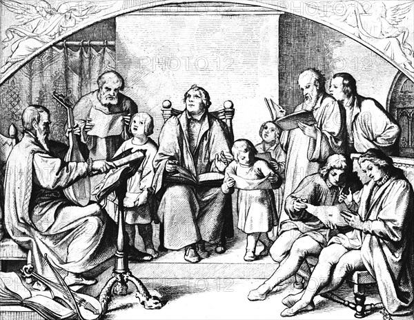 Martin Luther with the Cantorei in the House, religion, Kontorei, German hymn, song, piety,