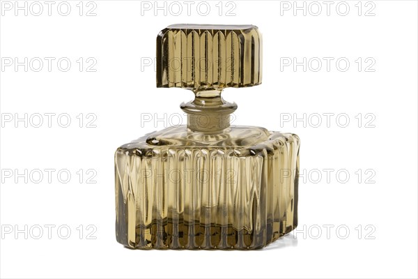 Old empty perfume bottle, flacon, white background