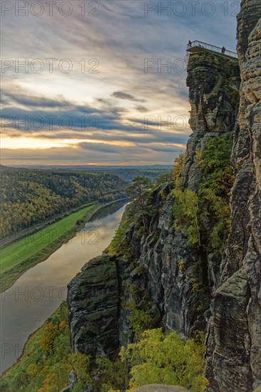 Evening mood, sunset, view to the new Basteiaussicht and the river Elbe, Lohmen, Saxon Switzerland,