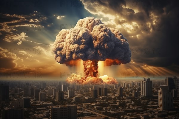 Nuclear blast and mushroom cloud in a city skyline. The explosion is destroying buildings and