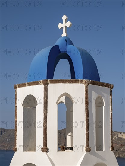 Blue-domed belfry, Agios Spiridonas, St Spyridon Church, Ia, Oia, Santorini, Greece, Europe