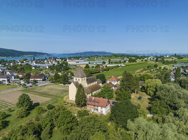 Aerial view of Reichenau Island with St. George's Church, Oberzell, Reichenau, UNESCO World