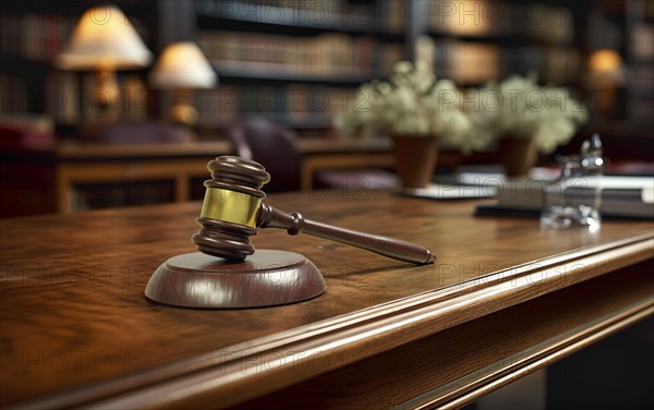 Gavel resting on a desk inside a law office