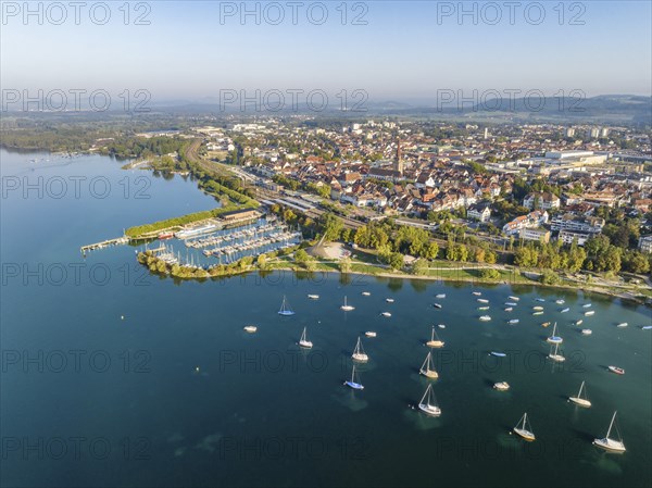 Aerial view of the town of Radolfzell on Lake Constance with the WÃ¤schbruck harbour, harbour pier