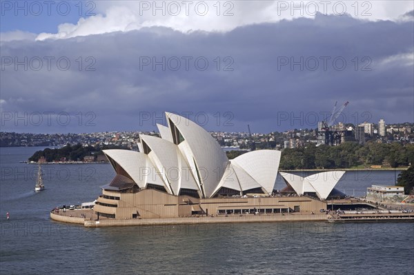 Heavy rain clouds over the Sydney Opera House, performing arts centre in Sydney, New South Wales,