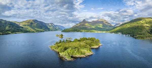 Aerial panorama of the western part of Loch Leven with the historic island of Eilean Munde, above