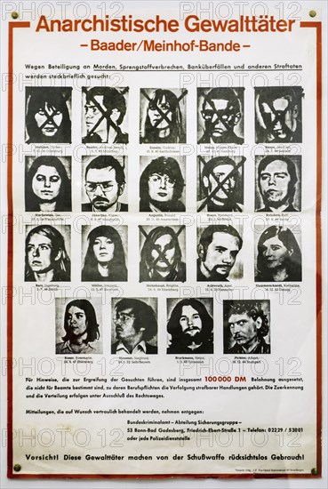 German wanted poster with mug shots of terrorists of Baader-Meinhof Group, Red Army Faction,