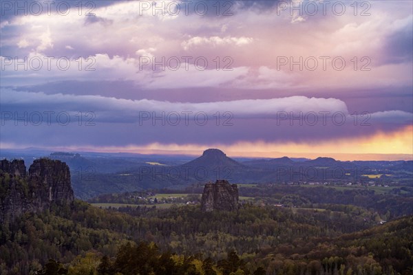View of the Schrammstein chain, the Falkenstein and the Lilienstein from the Carolafelsen, Bad