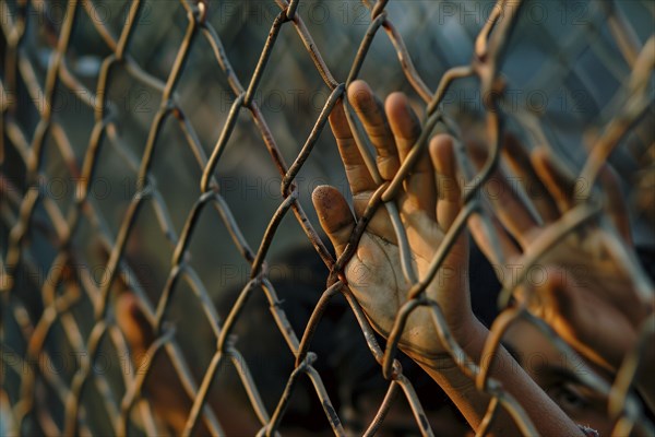 Hands of desperate immigrant on chain link fence. KI generiert, generiert, AI generated