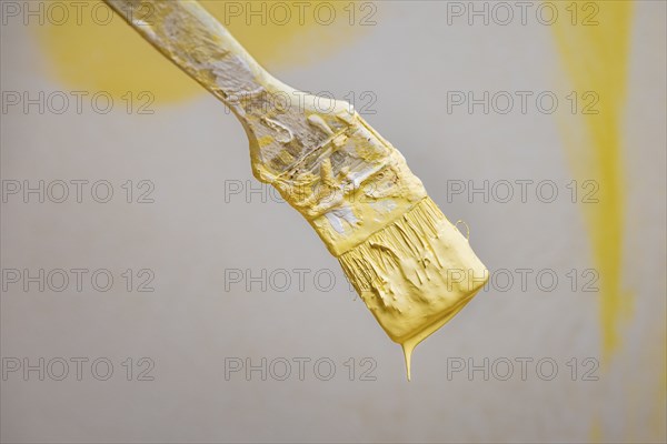 Brush with yellow paint in front of unfinished painted wall