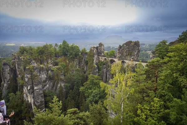 The world-famous Bastei Bridge over the Wehlgrund with Neurathen Rock Castle