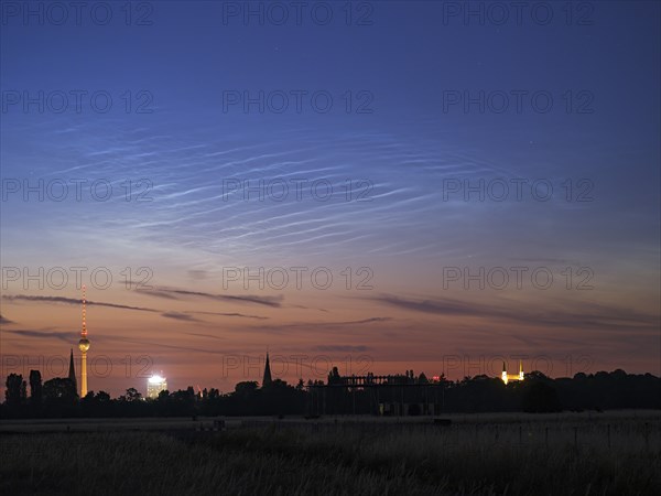 Glowing Night Clouds, Noctilucent Clouds over Berlin with TV Tower, Berlin, Germany, Europe