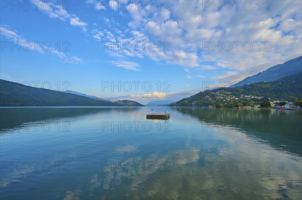 Lake, reflection, bathing raft, sky, clouds, sunrise, summer, Lake Millstatt, Döbriach, Carinthia,