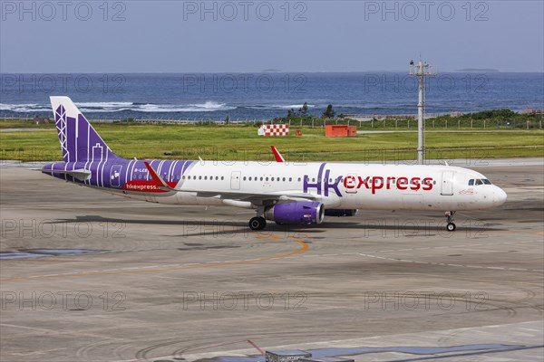 An Airbus A321 aircraft of HK Express with the registration B-LEB at Okinawa Airport (OKA) in Naha,