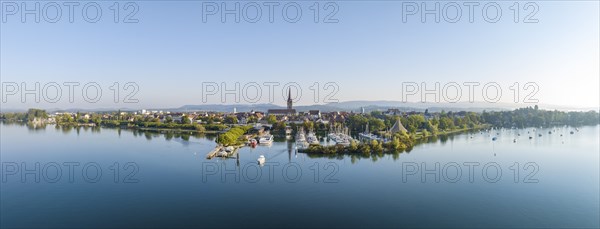 Aerial panorama of the town of Radolfzell on Lake Constance with the WÃ¤schbruckhafen, harbour pier