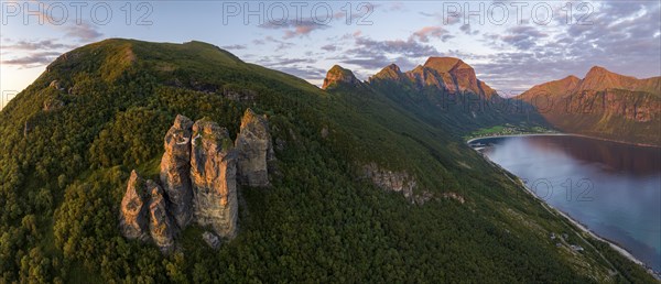 View of Finnesjura rock formation and Finnesfjellet mountain, Finnes, Helgeland coast, Bodo,