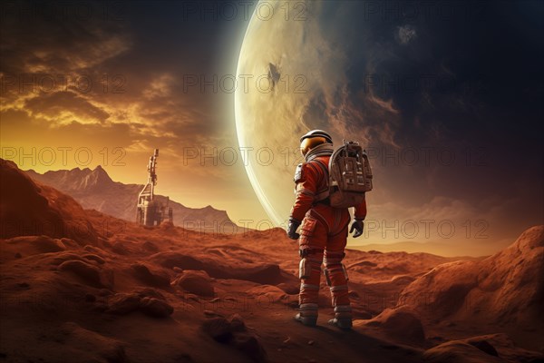 Future space travel mission to Mars, Astronaut in an orange suit walking on the surface of Mars