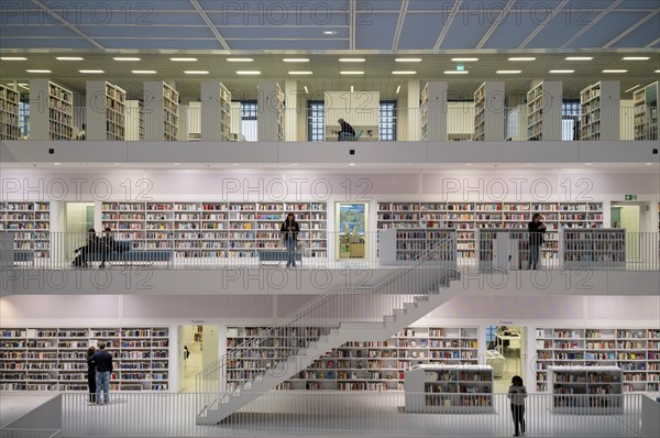 Interior view, gallery hall with staircases of the city library, architect Eun Young Yi, Stuttgart,