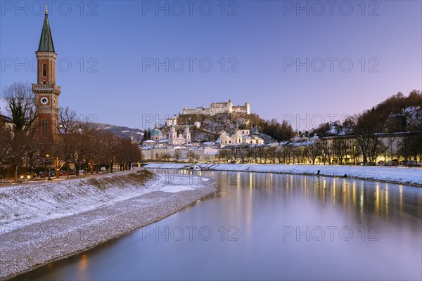 Winter Salzburg in the last light, Old Town, Cathedral, Fortress Hohen Salzburg, Salzach, Salzburg,