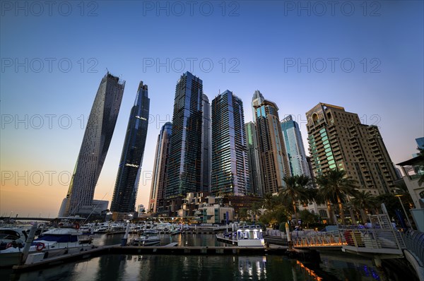 Marina, Skyline, Cayan Tower, DAMAC Heights, Logo, Dubai Marina, Evening light, Dubai, United Arab