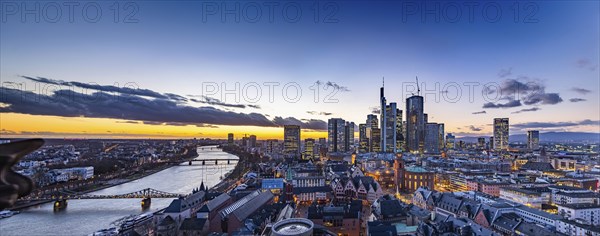 View of the banking district in the evening, skyscrapers of the credit institutions, Mainhatten, in