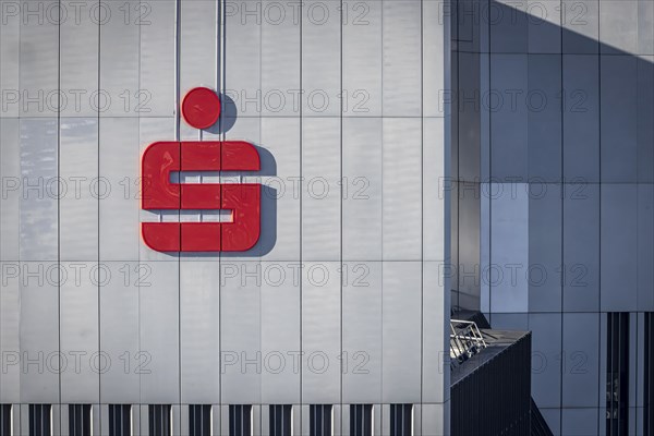 Sparkasse logo on the facade of a skyscraper, banking district, Frankfurt am Main, Hesse, Germany,