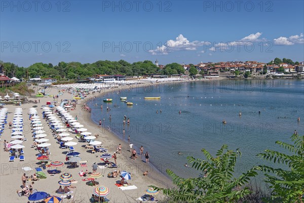 Beach with beach huts, restaurants and cafés on the Bay of Burgas on the Black Sea. Sozopol,
