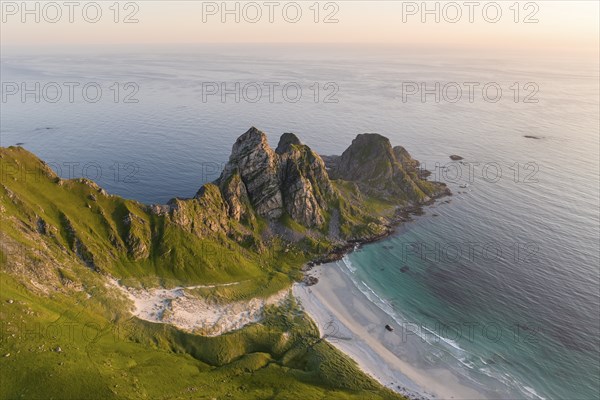 View of rocky coastline from Mount Matinden, Bleik, Andoya Island, Vesteralen, Norway, Europe