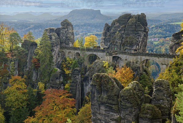 View from the Ferdinandstein to the Bastei bridge, Bastei, Lohmen, Saxon Switzerland, Elbe