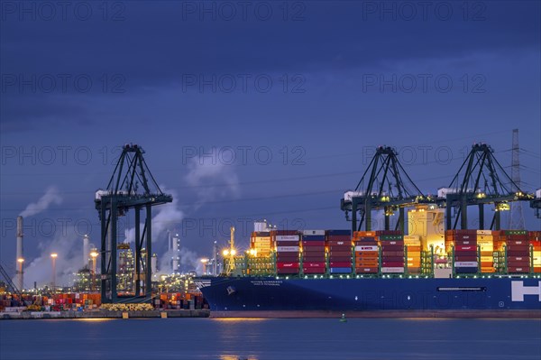 Container ship with stacked containers and gantry cranes at container terminal in the Antwerp port