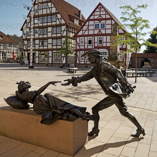 Sleeping Beauty sculpture by Karin Bohrmann-Roth in the old town, fairy tale based on the Brothers