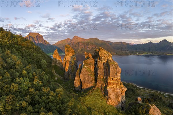 Rock formation Finnesjura in the evening light, Finnesfjellet mountain, Finnes, Helgeland coast,