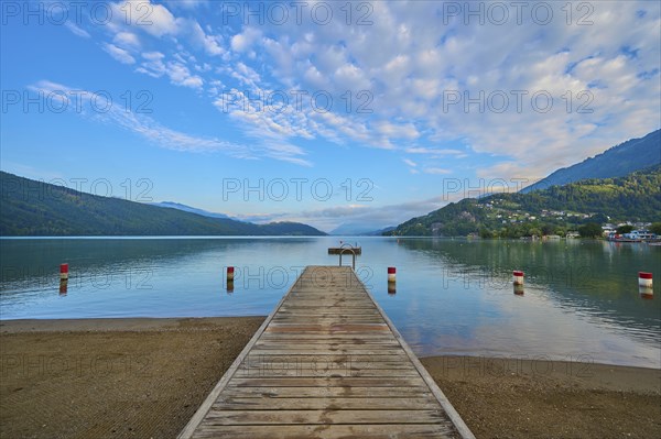 Lake shore, reflection, bathing raft, sky, clouds, twilight, sunrise, summer, Lake Millstatt,