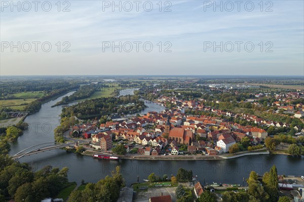 Aerial view of the city island, the old town of the Hanseatic city of Havelberg an der Havel in the