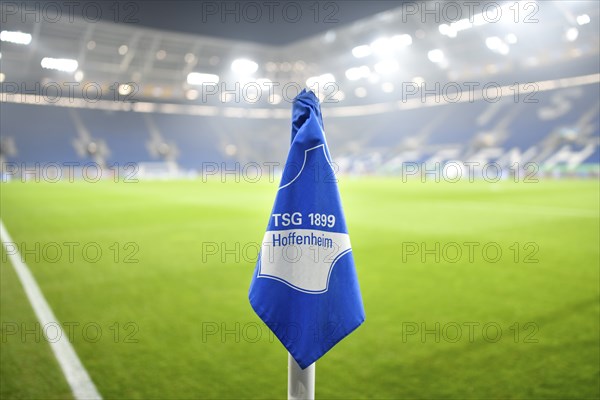 Corner flag, TSG 1899 Hoffenheim logo, grass, stadium interior, empty, PreZero Arena, Sinsheim,