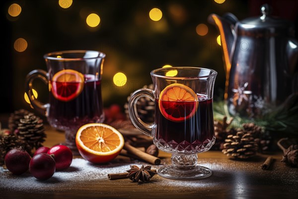Glass of traditional mulled wine with orange and cranberry garnishes on a cozy Christmas table. The