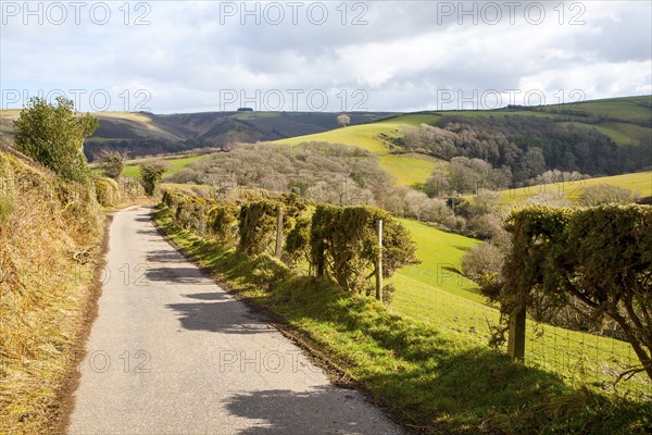 Narrow road leading into Exmoor national park landscape, near Malmsmead, Devon, England, United