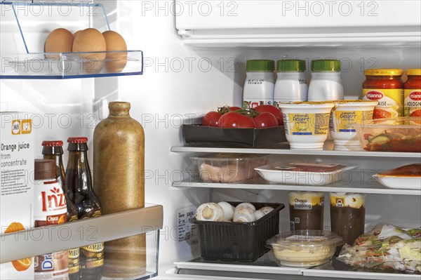 Cooled food and beverages in open fridge, refrigerator in kitchen