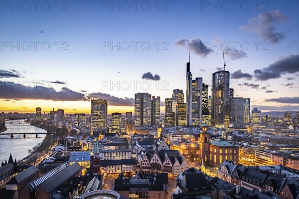 View of the banking district in the evening, skyscrapers of the credit institutions, Mainhatten, in