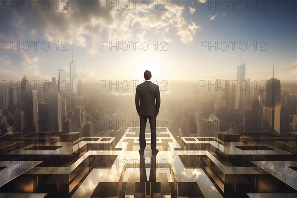 Man in a suit standing on a rooftop with a view of the city skyline at sunrise with clouds and
