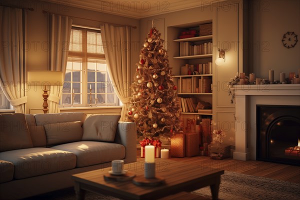 A cozy interior living room with burning fireplace decorated for Christmas with a Christmas tree