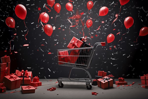A black Friday Sale concept, black present boxes with red ribbons in shopping cart on a black
