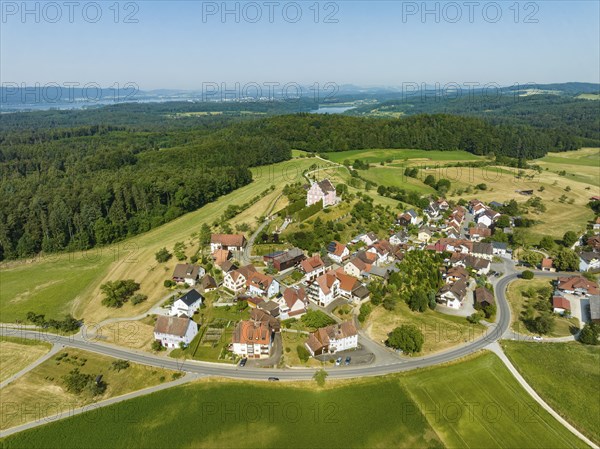 Aerial view of the village of Freudental with Freudental Castle on the Bodanrück, Constance County,