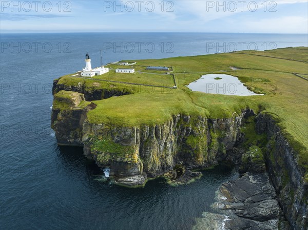 Aerial view of the lighthouse at Noss Head, North Sea coast, Wick, County Caithness, Scotland,