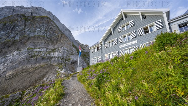 Mountain hut on the Rotstein Pass, SÃ¤ntis, Appenzell Ausserrhoden, Appenzell Alps, Switzerland,