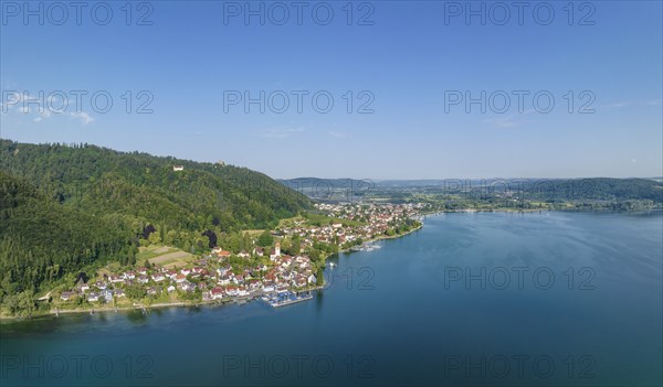 Aerial panorama of Lake Constance with the village of Bodman, Bodman-Ludwigshafen, Constance